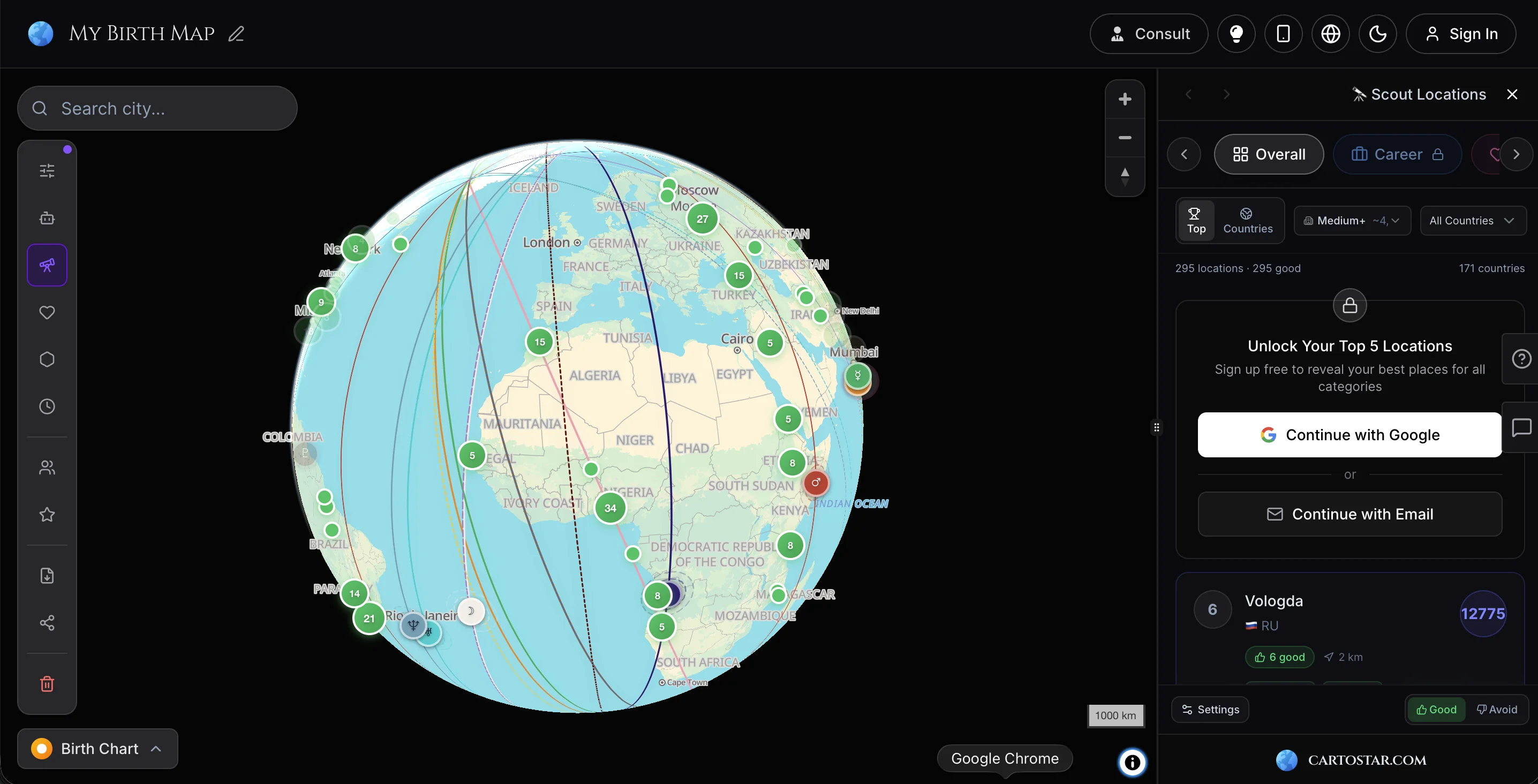 CartoStar workspace with 3D globe, planetary lines, and Scout locations panel